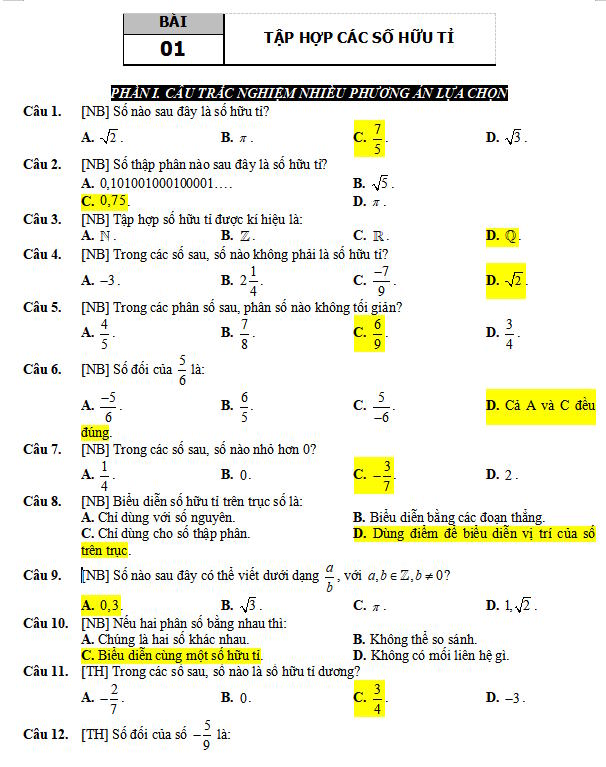 Toán 7 trắc nghiệm - đúng sai - trả lời ngắn: Tập hợp các số hữu tỉ