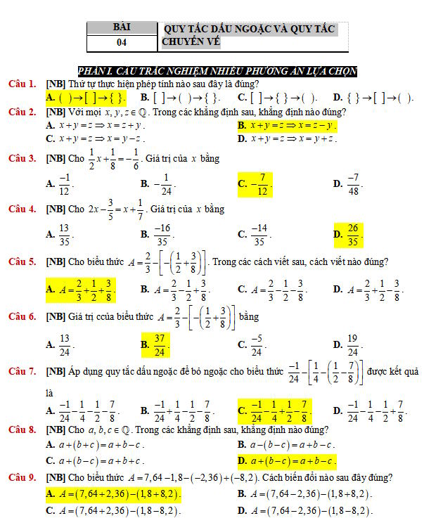 Quy tắc dấu ngoặc và quy tắc chuyển vế
