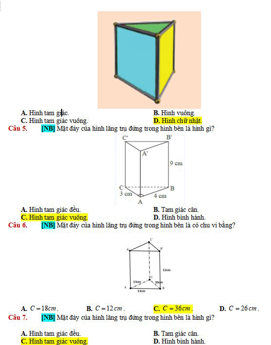 Diện tích xung quanh và thể tích của hình lăng trụ đứng tam giác