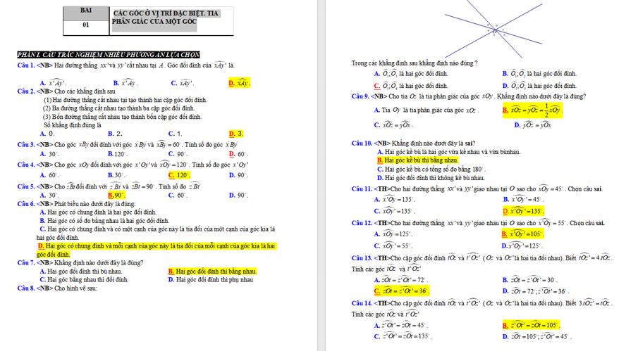 Các góc ở vị trí đặc biệt, tia phân giác của một góc