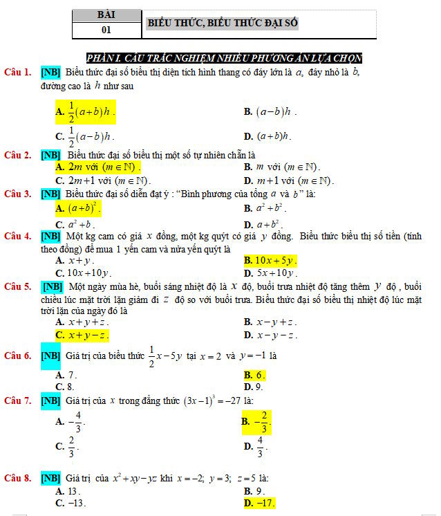 Toán 7 trắc nghiệm - đúng sai - trả lời ngắn: Biểu thức, biểu thức đại số