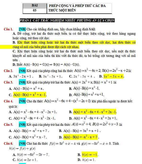 Phép cộng và phép trừ các đa thức một biến