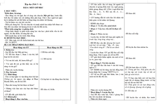 Giáo án Tiếng Việt 2 Bài 6: Đọc Một giờ học