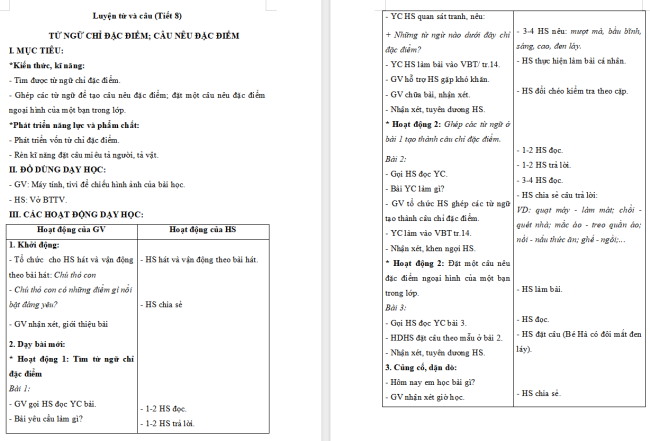 Giáo án Tiếng Việt 2 Bài 6: Từ ngữ chỉ đặc điểm. Câu nêu đặc điểm
