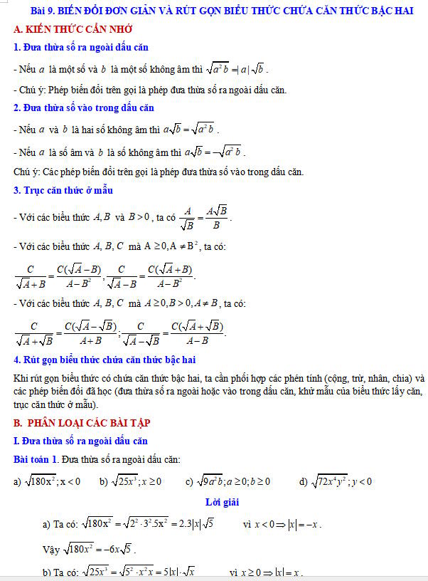 Biến đổi đơn giản và rút gọn biểu thức chứa căn thức bậc hai