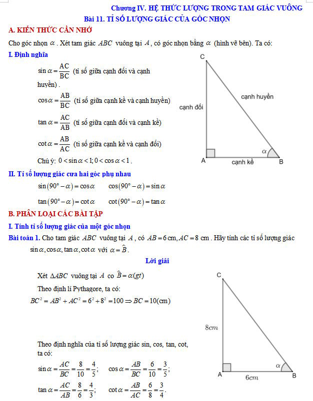 Tỉ số lượng giác của góc nhọn