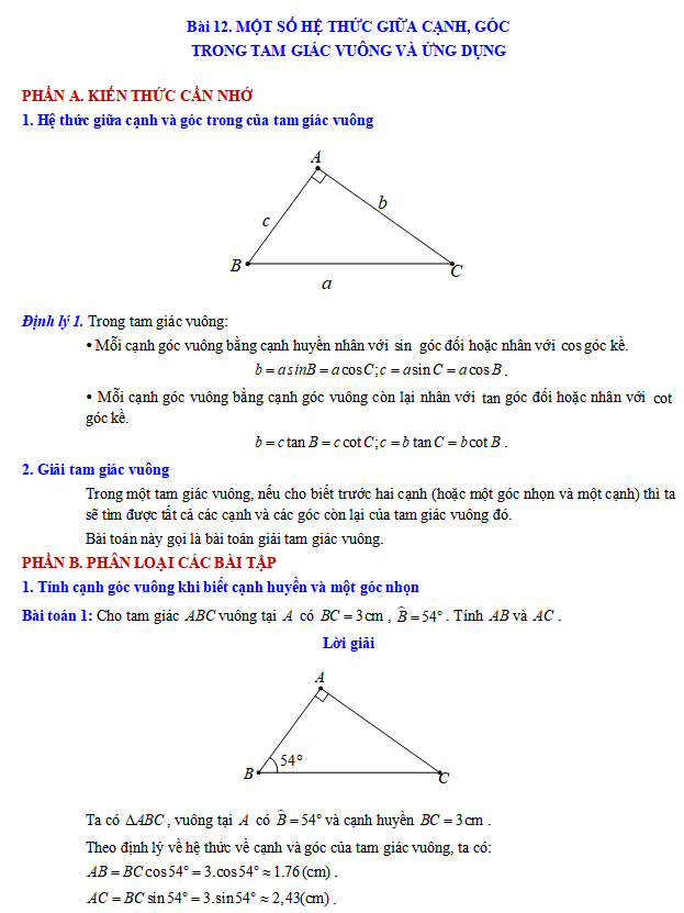 Một số hệ thức giữa cạnh, góc trong tam giác vuông và ứng dụng