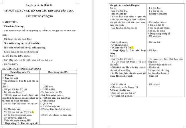 Giáo án Tiếng Việt 2 Bài 8: Mở rộng vốn từ về hoạt động thể thao, vui chơi. Câu nêu hoạt động