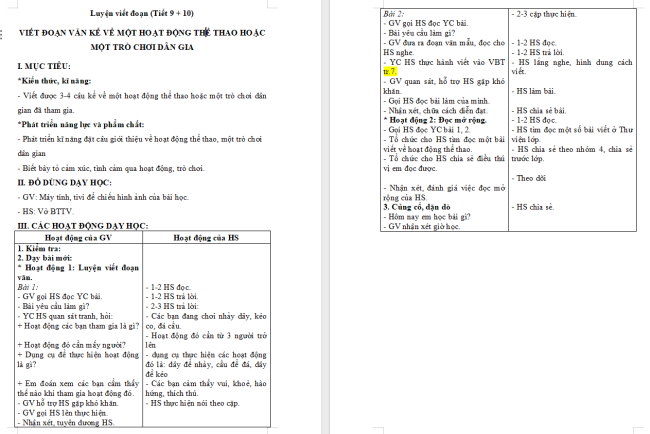 Giáo án Tiếng Việt 2 Bài 8: Viết đoạn văn kể về một hoạt động thể thao hoặc trò chơi