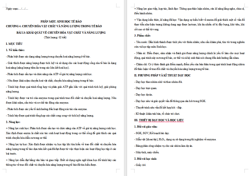 Giáo án PowerPoint Sinh học 10 Bài 13