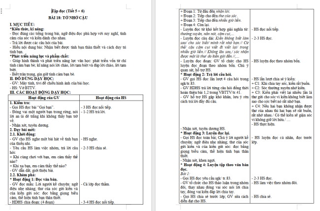 Giáo án Tiếng Việt 2 Bài 18: Đọc Tớ nhớ cậu