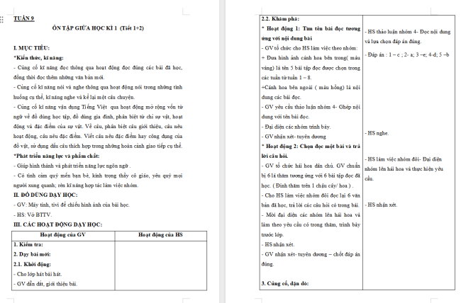 Giáo án Tiếng Việt 2 Ôn tập giữa học kì I (Tiết 1, 2)