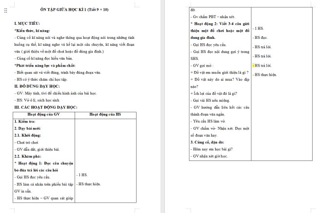 Giáo án Tiếng Việt 2 Ôn tập giữa học kì I (Tiết 9, 10)