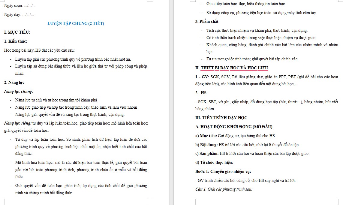 Giáo án Toán 9 KNTT Bài Luyện tập chung Chương 2