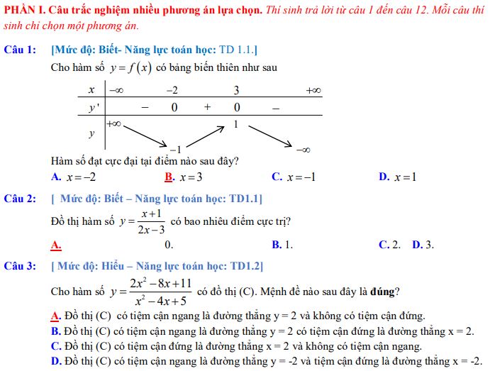 Đề thi giữa kì 1 lớp 12 môn Toán