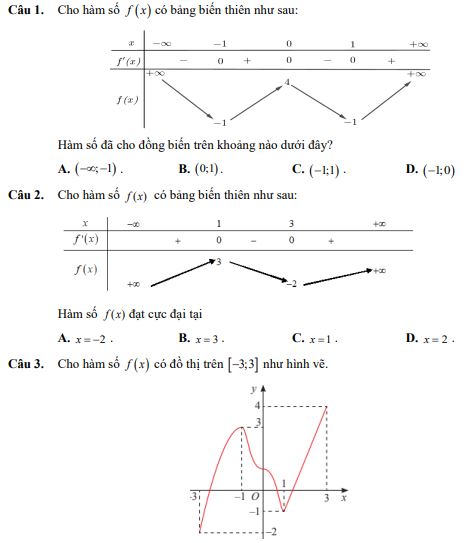 Đề thi giữa kì 1 lớp 12 môn Toán
