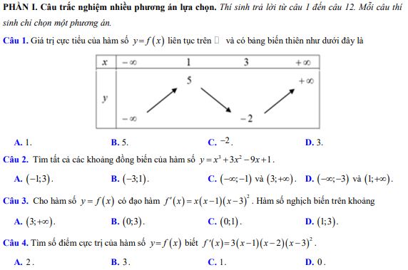 Đề thi giữa kì 1 lớp 12 môn Toán