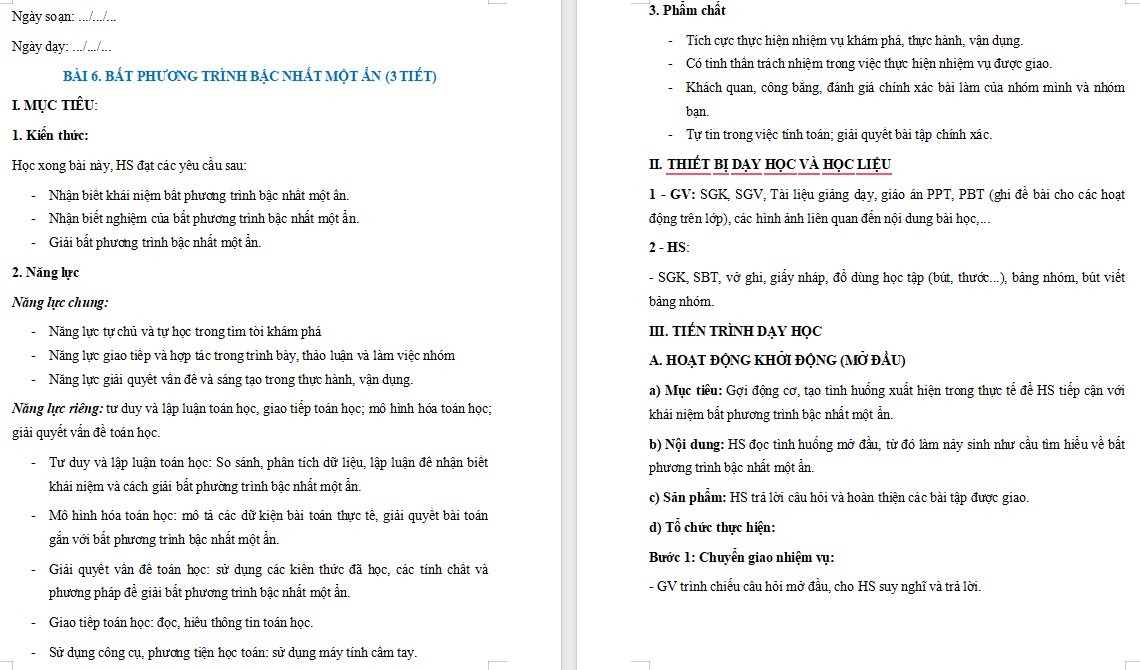 Giáo án Toán 9 KNTT Bài Bất phương trình bậc nhất một ẩn