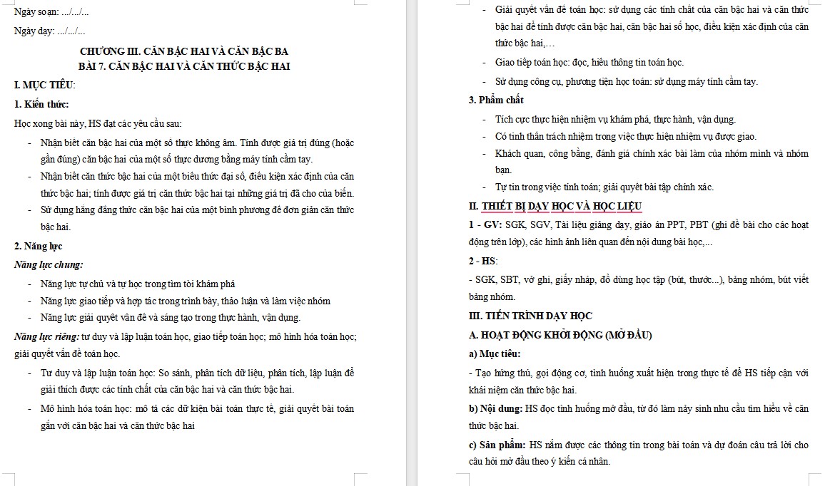 Giáo án Toán 9 KNTT Bài Căn bậc hai và căn thức bậc hai