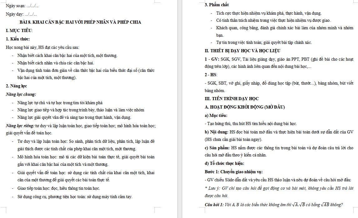 Giáo án Toán 9 KNTT Bài Khai căn bậc hai với phép nhân và phép chia