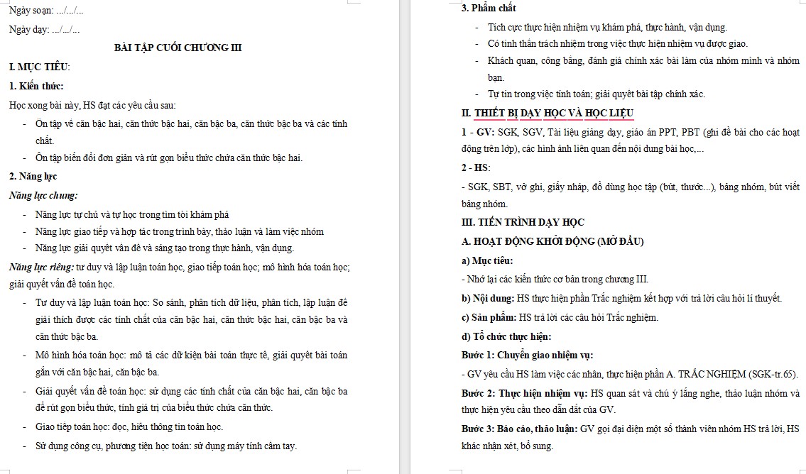 Giáo án Toán 9 KNTT Bài Ôn tập Chương 3