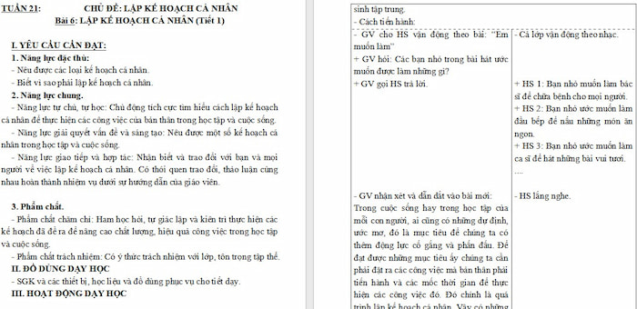 Giáo án Đạo đức 5 Lập kế hoạch cá nhân