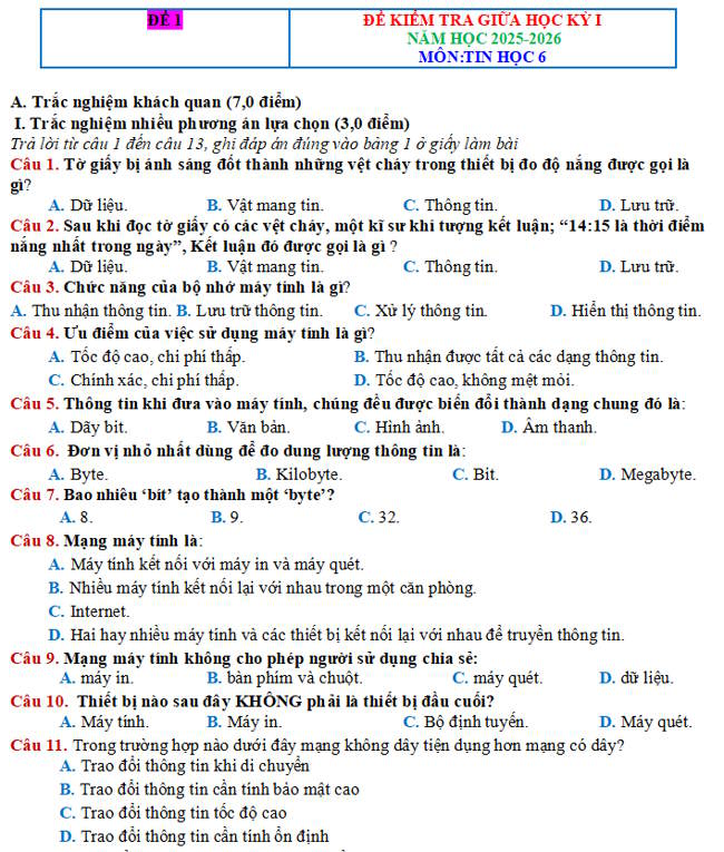 Đề thi giữa kỳ 1 môn Tin học 6 sách KNTT cấu trúc mới