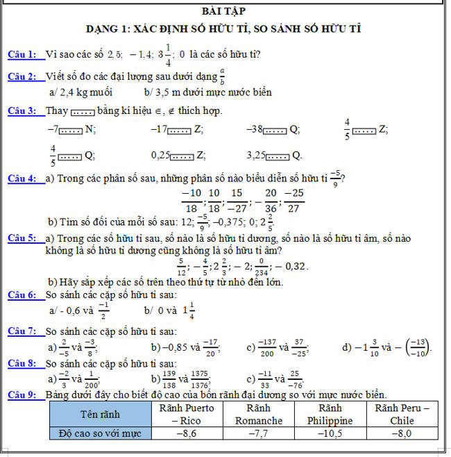Bài tập dạy thêm Toán lớp 7