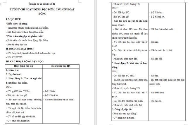 Giáo án Tiếng Việt 2 Bài 20: Từ ngữ chỉ đặc điểm, hoạt động. Câu nêu hoạt động