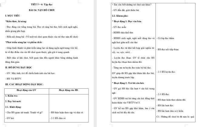 Giáo án Tiếng Việt 2 Bài 24: Đọc Nặn đồ chơi