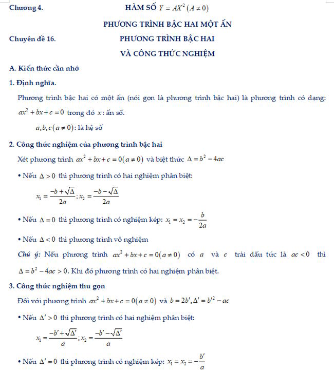 Phương trình bậc hai và công thức nghiệm