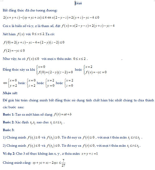 Ứng dụng của hàm bậc nhất để chứng minh bất đẳng thức