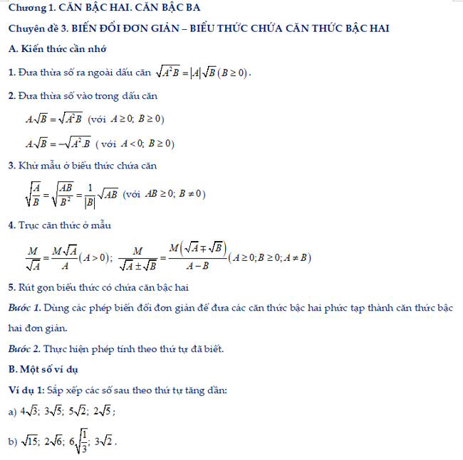 Biến đổi đơn giản biểu thức chứa căn thức bậc hai
