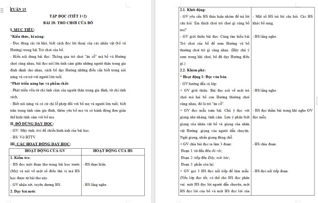 Giáo án Tiếng Việt 2 Bài 28: Đọc Trò chơi của bố