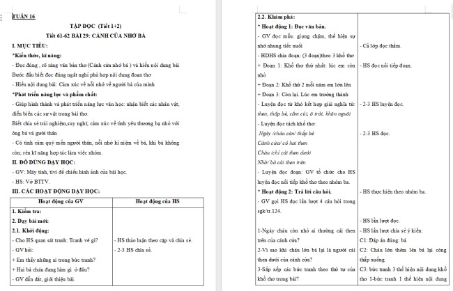 Giáo án Tiếng Việt 2 Bài 29: Cánh cửa nhớ bà