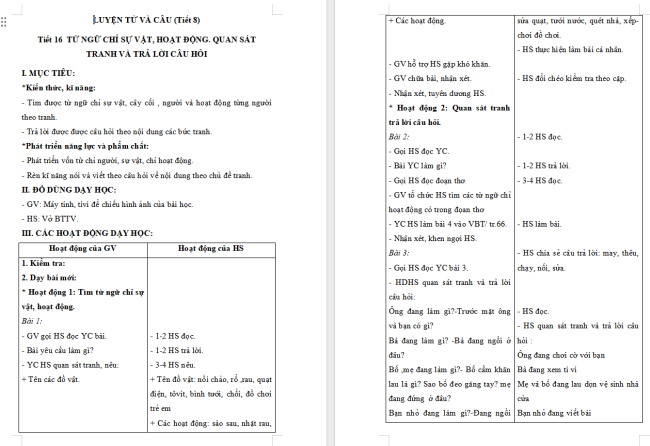 Giáo án Tiếng Việt 2 Bài 30: Từ ngữ chỉ sự vật, hoạt động. Câu nêu hoạt động