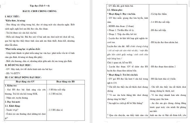 Giáo án Tiếng Việt 2 Bài 32: Đọc Chơi chong chóng