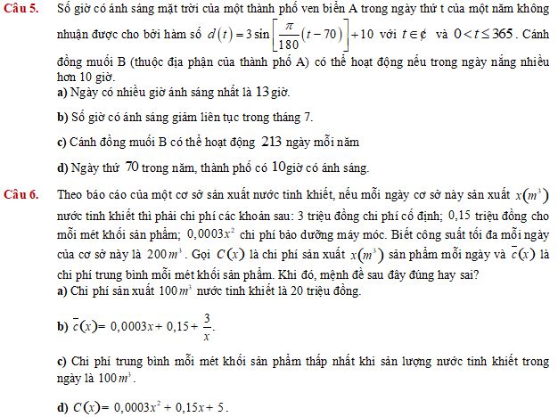 Câu hỏi trắc nghiệm đúng sai Ứng dụng đạo hàm