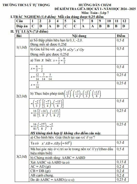 Đáp án đề thi giữa kì 1 lớp 7 môn Toán