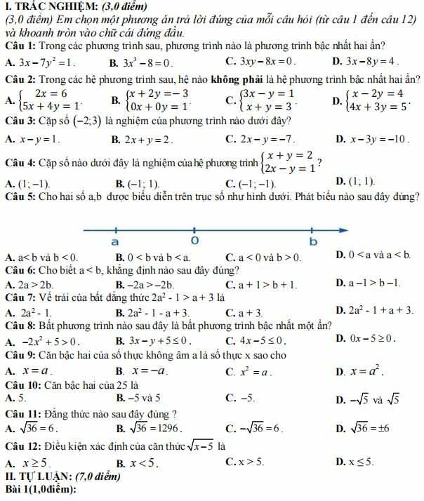 Đề thi giữa kì 1 lớp 9 môn Toán