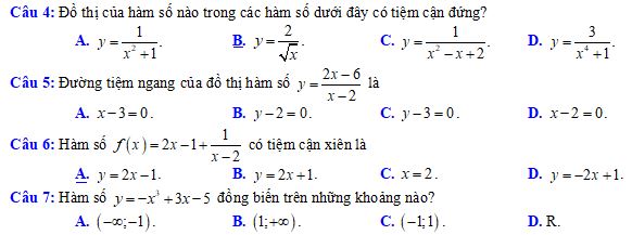 Bộ câu hỏi trắc nghiệm về ứng dụng đạo hàm để khảo sát và vẽ đồ thị