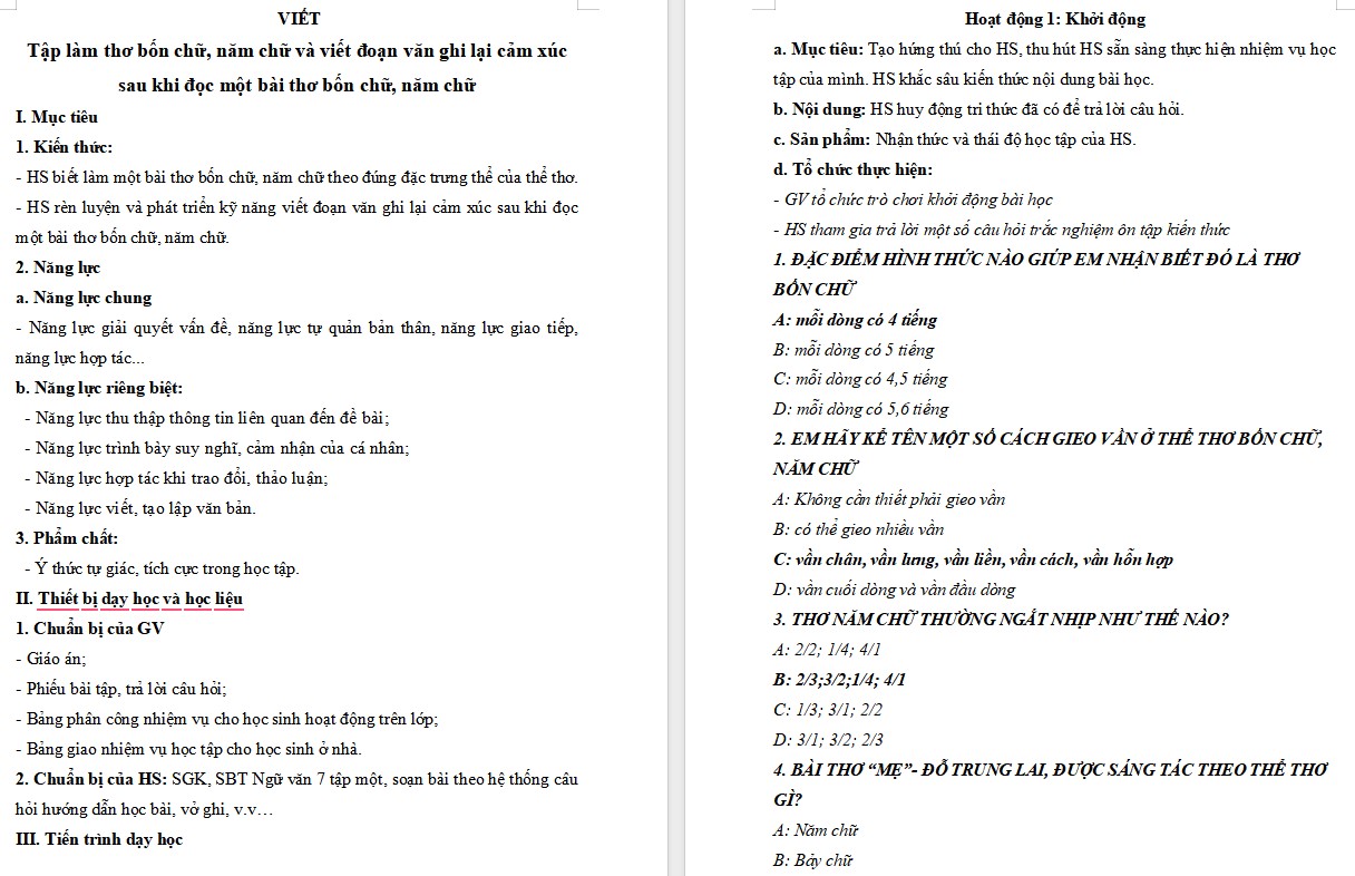 KHBD Ngữ văn 7 Bài Viết tập làm thơ bốn chữ, năm chữ