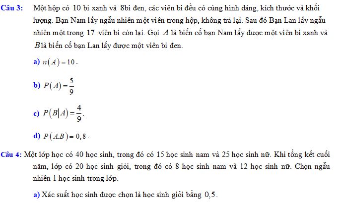 Trắc nghiệm đúng sai Chương Xác suất có điều kiện