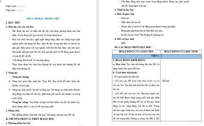Giáo án Tiếng Việt 2 Bài 3: Đọc Đồ đạc trong nhà
