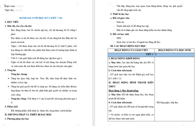 Giáo án Tiếng Việt 2 Đánh giá cuối học kì I