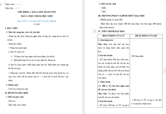 Giáo án Tiếng Việt 2 Bài 11: Viết về một đồ vật yêu thích