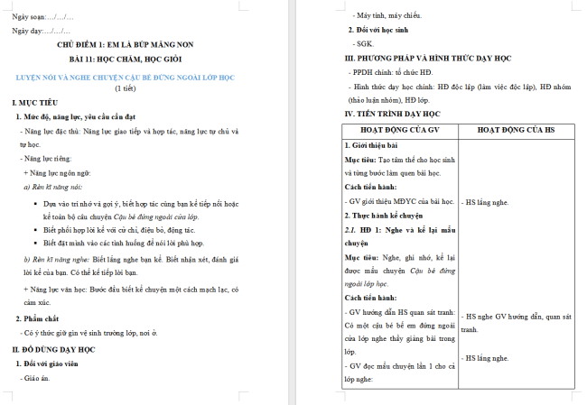 Giáo án Tiếng Việt 2 Bài 11: Nghe - kể Cậu bé đứng ngoài lớp học