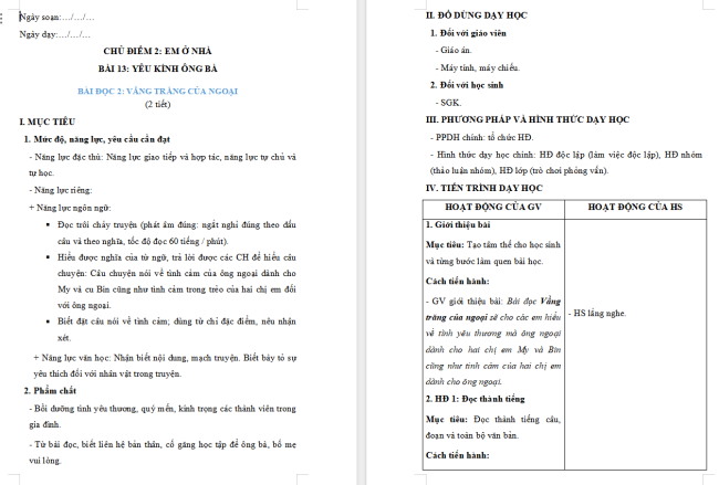 Giáo án Tiếng Việt 2 Bài 13: Vầng trăng của ngoại