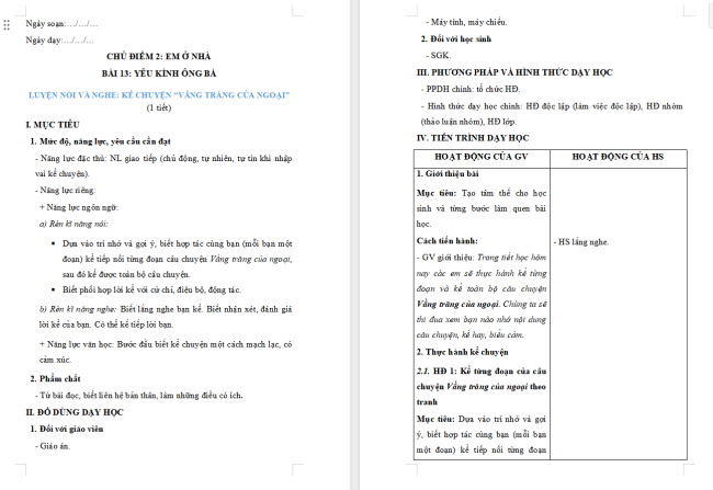 Giáo án Tiếng Việt 2 Bài 13: Kể chuyện đã học Vầng trăng của ngoại