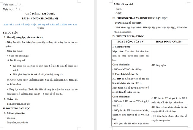 Giáo án Tiếng Việt 2 Bài 14: Viết về một việc bố mẹ đã làm để chăm sóc em